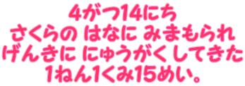 ４がつ１４にち さくらの はなに みまもられ げんきに にゅうがく してきた １ねん１くみ１５めい。