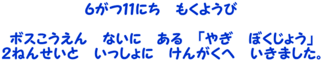 ６がつ１１にち　もくようび  ボスこうえん　ないに　ある　「やぎ　ぼくじょう」 ２ねんせいと　いっしょに　けんがくへ　いきました。