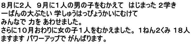 ８月に２人　９月に１人の男の子をむかえて　はじまった ２学き 一ばんの大ぶたい 学しゅうはっぴょうかいにむけて みんなで 力を あわせました。 さらに１０月おわりに女の子１人をむかえました。 １ねん２くみ １８人 ますます パワーアップで がんばります。