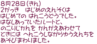 ８月２８日（きん） ２がっき　はじめのえんそくは　 はじめての はんこうどうでした。 はなしあっていたルートと、 のこりじかんを かんがえあわせて ときには へんこうしながらゆうえんちを  あそびまわりました。