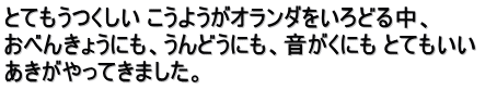 とてもうつくしい こうようがオランダをいろどる中、 おべんきょうにも、うんどうにも、音がくにも とてもいい　 あきがやってきました。