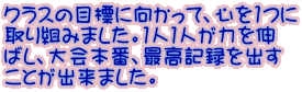 クラスの目標に向かって、心を1つに 取り組みました。１人１人が力を伸 ばし、大会本番、最高記録を出す ことが出来ました。