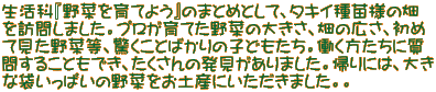 生活科『野菜を育てよう』のまとめとして、タキイ種苗様の畑 を訪問しました。プロが育てた野菜の大きさ、畑の広さ、初め て見た野菜等、驚くことばかりの子どもたち。働く方たちに質 問することもでき、たくさんの発見がありました。帰りには、大き な袋いっぱいの野菜をお土産にいただきました。。