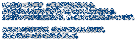 １年生さいごの学き　３学きがはじまりました。 日本から３人の女の子がやってきて２７人になりました。 ともだちのやりかたを見ながら、せっきょくてきにがんばっています。  みじかい３学きですが、ぎょうじはたくさんあります。 みんなで力いっぱいたのしみましょう。