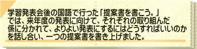 学習発表会後の国語で行った「提案書を書こう。」 では、来年度の発表に向けて、それぞれの取り組んだ 係に分かれて、よりよい発表にするにはどうすればいいのか を話し合い、一つの提案書を書き上げました。