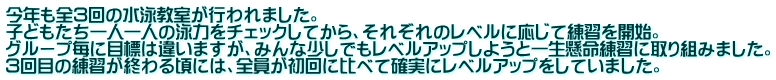 今年も全３回の水泳教室が行われました。 子どもたち一人一人の泳力をチェックしてから、それぞれのレベルに応じて練習を開始。 グループ毎に目標は違いますが、みんな少しでもレベルアップしようと一生懸命練習に取り組みました。 ３回目の練習が終わる頃には、全員が初回に比べて確実にレベルアップをしていました。