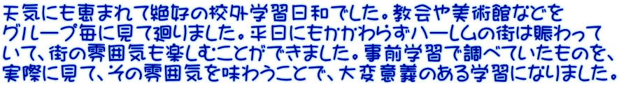 天気にも恵まれて絶好の校外学習日和でした。教会や美術館などを グループ毎に見て廻りました。平日にもかかわらずハーレムの街は賑わって いて、街の雰囲気も楽しむことができました。事前学習で調べていたものを、 実際に見て、その雰囲気を味わうことで、大変意義のある学習になりました。