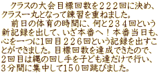 　クラスの大会目標回数を２２２回に決め、 クラス一丸となって練習を重ねました。 　前日の体育の時間に、何と２３４回という 新記録を出して、いざ本番へ！本番当日も、 心を一つに１回目２２６回という記録を出すこ とができました。目標回数を達成できたので、 ２回目は縄の回し手を子ども達だけで行い、 ３分間に集中して１５０回跳びました。