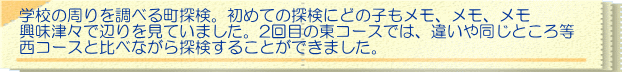 学校の周りを調べる町探検。初めての探検にどの子もメモ、メモ、メモ 興味津々で辺りを見ていました。2回目の東コースでは、違いや同じところ等 西コースと比べながら探検することができました。