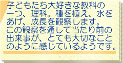 子どもたち大好きな教科の 一つ、理科。種を植え、水を あげ、成長を観察します。 この観察を通して当たり前の 出来事が、とても大切なこと のように感じているようです。