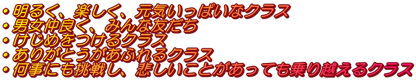 ・明るく、楽しく、元気いっぱいなクラス ・男女仲良く、みんな友だち ・けじめをつけるクラス ・ありがとうがあふれるクラス ・何事にも挑戦し、悲しいことがあっても乗り越えるクラス