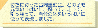 待ちに待った合同運動会。どの子も 元気いっぱいに、踊って、走って、 引っ張って、自分の体をいっぱいに 使って表現しました。