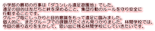 小学部の最初の行事は「ダユンレル遠足遊園地」でした。 遠足の目的は友だちと絆を深めること、集団行動のルールを守り安全に 行動することです。 グループ毎にしっかりと目的意識をもって遠足に臨みました。 個人的に、またグループでの課題がたくさん見つかりました。林間学校では、 今回の振り返りを生かして、思い出に残る林間学校にしていきたいです。