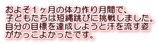 およそ１ヶ月の体力作り月間で、 子どもたちは短縄跳びに挑戦しました。 自分の目標を達成しようと汗を流す姿 がかっこよかったです。