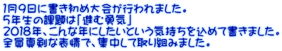 １月９日に書き初め大会が行われました。 ５年生の課題は「進む勇気」 ２０１８年、こんな年にしたいという気持ちを込めて書きました。 全員真剣な表情で、集中して取り組みました。