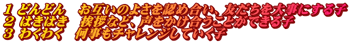 １ どんどん　お互いのよさを認め合い、友だちを大事にする子 ２ はきはき　挨拶など、声をかけ合うことができる子 ３ わくわく　何事もチャレンジしていく子