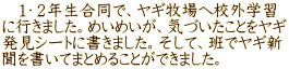 　１・２年生合同で、ヤギ牧場へ校外学習 に行きました。めいめいが、気づいたことをヤギ 発見シートに書きました。そして、班でヤギ新 聞を書いてまとめることができました。