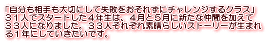 「自分も相手も大切にして失敗をおそれずにチャレンジするクラス」 ３１人でスタートした４年生は、４月と５月に新たな仲間を加えて ３３人になりました。３３人それぞれ素晴らしいストーリーが生まれ る１年にしていきたいです。