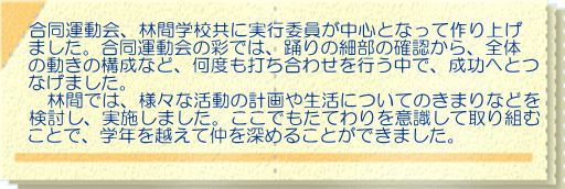 合同運動会、林間学校共に実行委員が中心となって 作り上げました。 特に彩では、踊りの細部の確認から 全体の動きなど、何度も打ち合わせを 行う中で、本番の成功へとつなげました。 林間では、様々な活動や生活についてのきまり などを検討し、実施しました。ここでもたてわり班で 取り組むことで、学年を越えて仲を深めることができました。