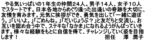 　やる気いっぱいの１年生の仲間２４人。男子１４人、女子１０人 でスタートです。日本各地からめぐり逢った出逢いの奇跡を大切に、 友情を育みます。元気に挨拶ができ、勇気を出して「一緒に遊ぼ う。」「いいよ。」「ごめんね。」「だいじょうぶ？」と友だちと交流し、お 互いを認め合う中で、ステキな「なかま」になれるようがんばっていき ます。様々な経験をもとに自信を得て、チャレンジしていく姿を目指 します！　　　　　　　　　　　　　　　　　　　　　　　担任　　澤　潤子