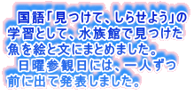 　国語「見つけて、しらせよう」の 学習として、水族館で見つけた 魚を絵と文にまとめました。 　日曜参観日には、一人ずつ 前に出て発表しました。