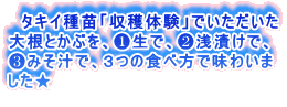 　タキイ種苗「収穫体験」でいただいた 大根とかぶを、❶生で、❷浅漬けで、 ❸みそ汁で、３つの食べ方で味わいま した★