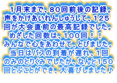 　１月末まで、８０回前後の記録。 声をかけあいれんしゅうして、１２５ 回が大会直前の最高記録でした。 　めざした回数は、１００回！！ みんなで心をあわせて、とびました。 　当日はバスの到着が遅れ、１回 のみのとりくみでしたが、なんと１５０ 回とぶことができ、大喜びしました♪