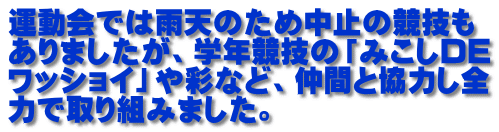 運動会では雨天のため中止の競技も ありましたが、学年競技の「みこしＤＥ ワッショイ」や彩など、仲間と協力し全 力で取り組みました。