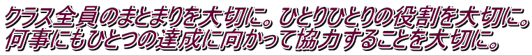 クラス全員のまとまりを大切に。ひとりひとりの役割を大切に。 何事にもひとつの達成に向かって協力することを大切に。